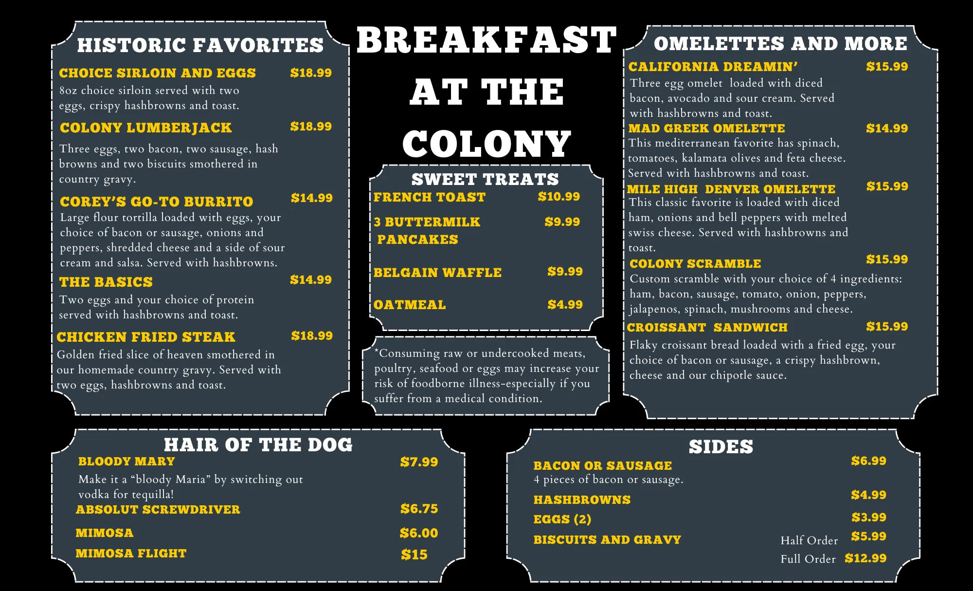 Aurora Colony Pub breakfast menu