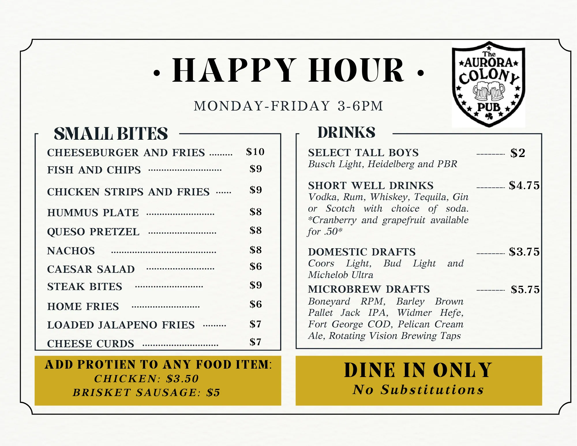 Aurora Colony Pub happy hour menu